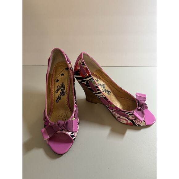 Naughty Monkey Shoes Open Toe High Heels Platform Pink Zebra Floral Size 8 EUC - Picture 3 of 8